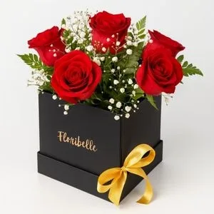 Caixa Premium com 6 Rosas Vermelhas e Laço Dourado