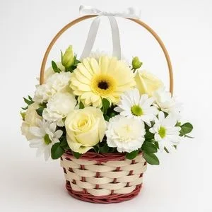 Cesta com Gérberas, Rosas e Margaridas Brancas