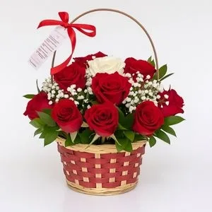 Cesta de Rosas Vermelhas com Rosa Branca e Mosquitinho