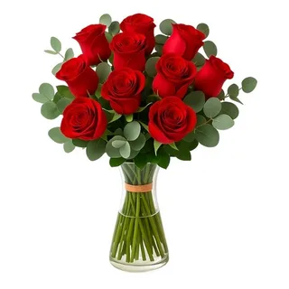 Arranjo de 10 Rosas Vermelhas no Vaso de Vidro