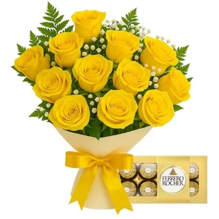 Buquê de 12 Rosas Amarela com Chocolate