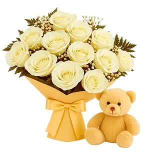 Buquê de 12 Rosas Branca com Pelúcia