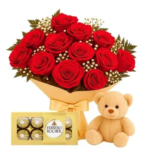 Buquê de 12 Rosas Vermelha com Chocolate e Pelúcia