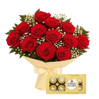 Buquê de 12 Rosas Vermelha com Chocolate
