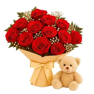 Buquê de 12 Rosas Vermelha com Pelúcia