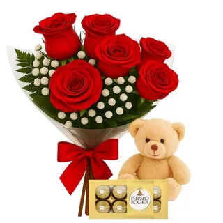 Buquê de 6 Rosas Vermelha com Chocolate e Pelúcia