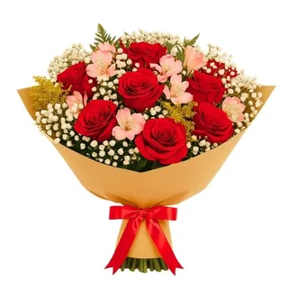 Buquê de 8 Rosas com Astromélias