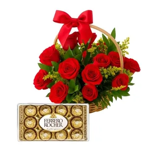 Cesta de 15 Rosas Vermelha e Chocolate