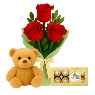 Ramalhete de 3 Rosas Vermelha com Chocolate e Pelúcia