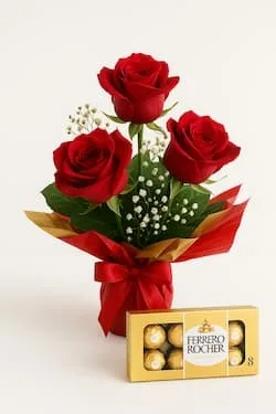 Arranjo 3 rosas vermelhas e Ferrero Rocher (8 Un.)