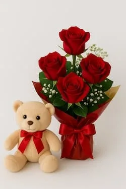 Arranjo 4 Rosas Vermelhas e Pelúcia (pequeno)