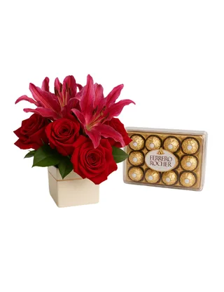 Arranjo de Rosas e Lírios com Ferrero Rocher