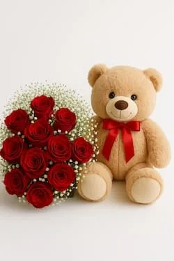Buquê com 12 Rosas Vermelhas e Pelúcia (Beija Flor)