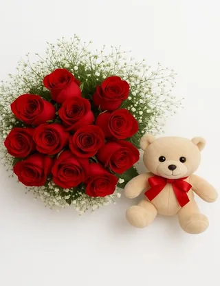 Buquê com 12 Rosas Vermelhas e Pelúcia (pequena)