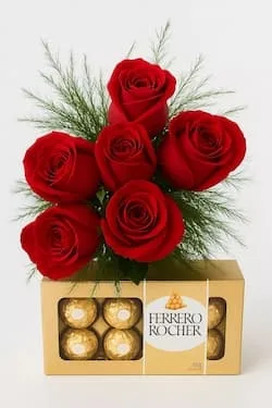 Buquê com 6 Rosas Vermelhas e Ferrero Rocher (8 un.)