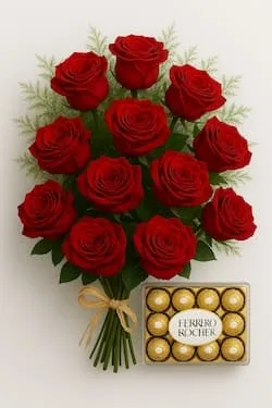 Buquê de 12 Rosas Vermelhas e Ferrero Rocher (12 un.)