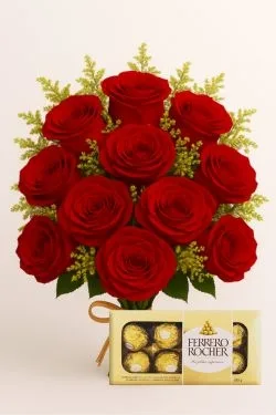 Buquê de 12 Rosas Vermelhas e Ferrero Rocher (8 un.)