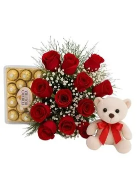 Buquê de 12 Rosas Vermelhas, Pelúcia e Chocolate