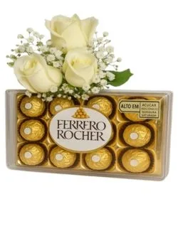Buquê de 3 Rosas Brancas e Ferrero Rocher
