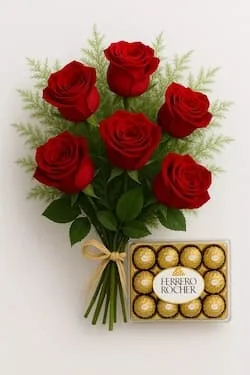 Buquê de 6 Rosas e Ferrero Rocher (12 un.)