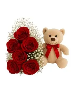 Buquê de 6 Rosas e pelúcia (Pequeno)