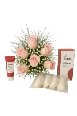 Buquê de 6 Rosas Rosadas e Kit Natura