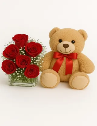 Buquê de 6 Rosas Vermelhas e Pelúcia (Beija Flor)