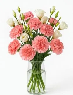 Buquê de Cravos Rosa amp; Lisianthus Branco no Vaso de Vidro