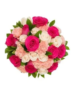 Buquê de Rosas Pink, Brancas e Cravos Rosados