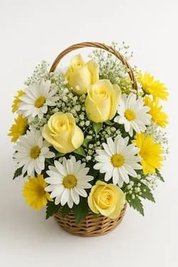 Cesta com Rosas e Margaridas Amarelas e Brancas