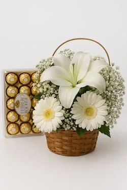 Cesta de Lírios, Gérberas Brancas e Ferrero Rocher