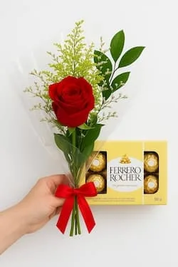 Rosa Solitária Vermelha e Ferrero Rocher (8un)