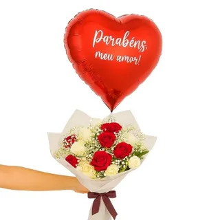 Buquê de 12 Rosas com Balão