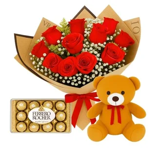 Buquê de 12 Rosas Vermelha com Chocolate e Pelúcia