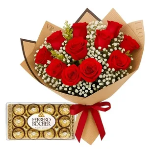 Buquê de 12 Rosas Vermelha com Chocolate