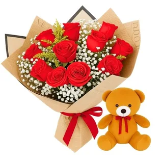 Buquê de 12 Rosas Vermelha com Pelúcia