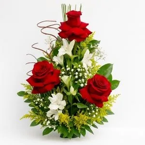 Arranjo com 3 Rosas Vermelhas e Astromélias Brancas
