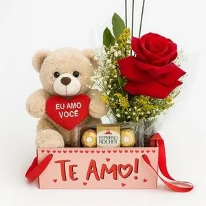 Box Amor com Urso, Rosas Vermelhas e Ferrero Rocher