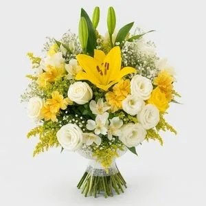 Buquê Amarelo e Branco com Lírios, Rosas e Astromélias