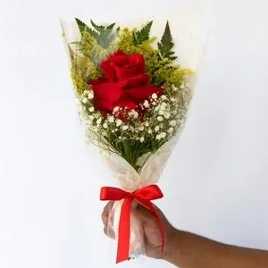 Buquê com 1 Rosa Vermelha, Gipsofila e Folhagens