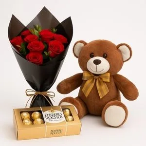 Buquê com 10 Rosas Vermelhas, Ferrero Rocher e Urso de Pelúcia