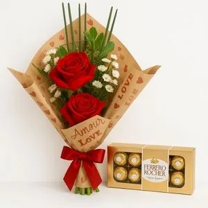 Buquê com 2 Rosas Vermelhas e Caixa Ferrero Rocher