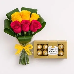 Buquê com 6 Rosas Coloridas e Caixa de Ferrero Rocher