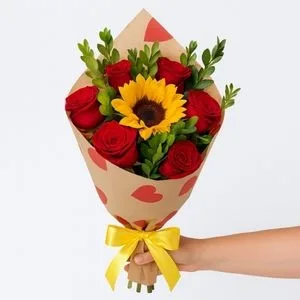 Buquê com 6 Rosas Vermelhas e Girassol