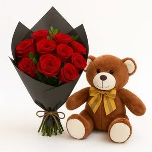 Buquê de 10 Rosas Vermelhas com Urso de Pelúcia