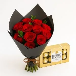 Buquê de 12 Rosas Vermelhas com Ferrero Rocher