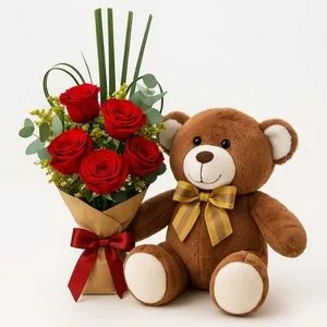 Buquê de 5 Rosas Vermelhas com Urso de Pelúcia