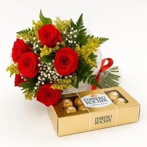 Buquê de 6 Rosas Vermelhas com Ferrero Rocher