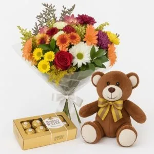 Buquê de Flores do Campo com Pelúcia e Ferrero Rocher