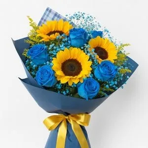 Buquê de Girassóis com Rosas Azuis